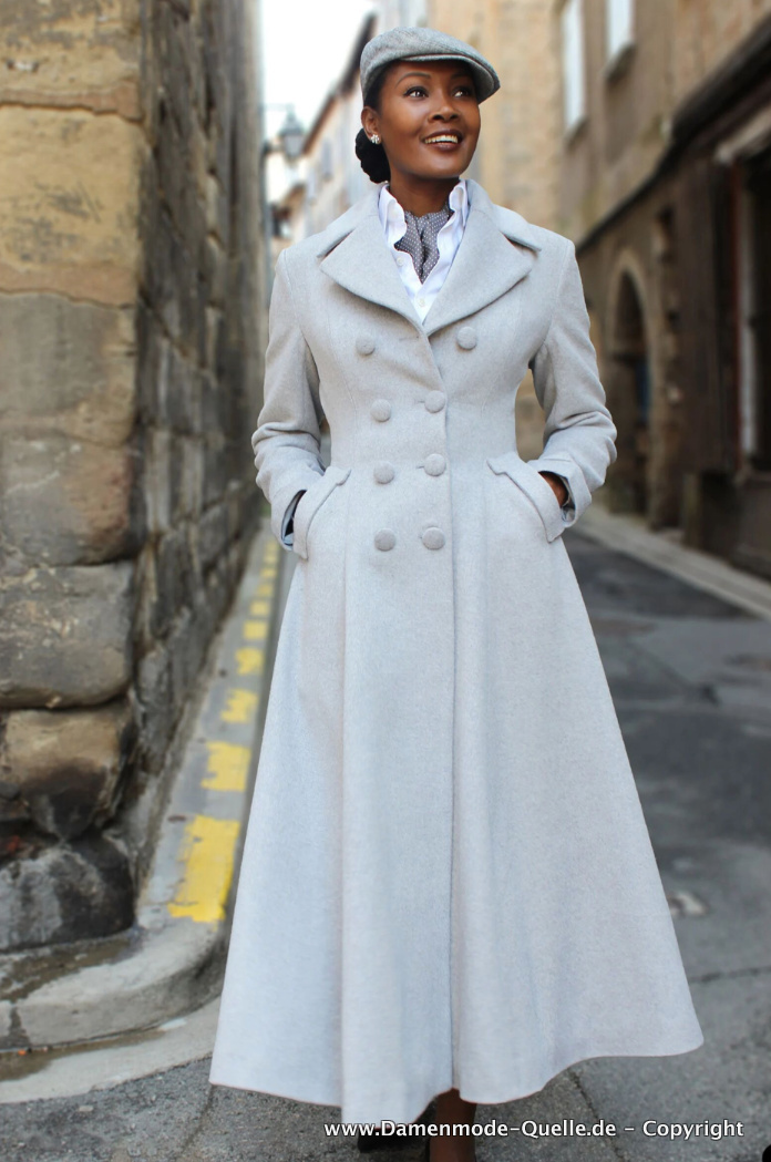 Vintage Style A Linie Damen Mantel Lang in Hellgrau